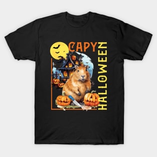 CAPY HALLOWEEN, CAPYBARA, PUMPKINS, BATS & HAUNTED HOUSE T-Shirt